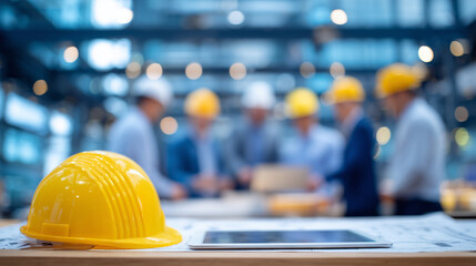 Tidy office workspace with hard hat and tablet showing building model, background shows motion-blurred discussion among diverse project managers wearing safety helmets