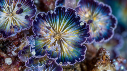 Obraz premium Macro view of colorful mushroom caps emerging from mycelial web, psychedelic hues radiating outward, representing emotional healing and inner exploration