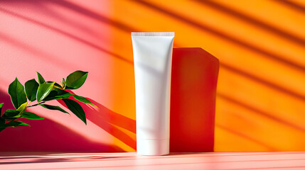 Fototapeta premium Clean white cosmetic tube with green leaves and shadow play isolated on white background