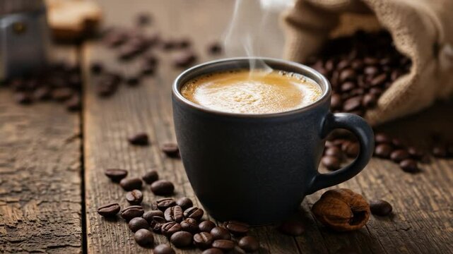 Steaming coffee cup with beans on wood background drink beverage