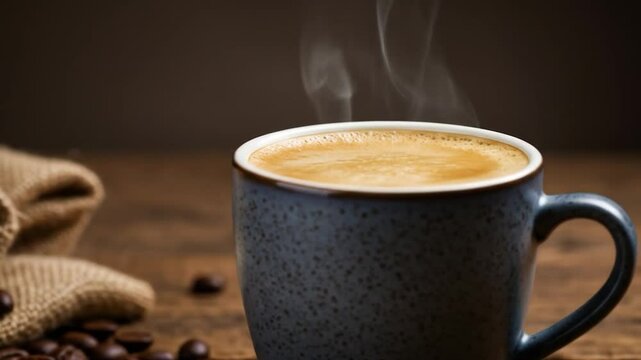 Steaming coffee in rustic setting dark blue mug and coffee beans