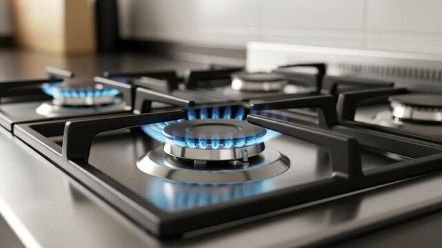 Close up detailed views of a gas stove burner igniting with blue flame in kitchen settings