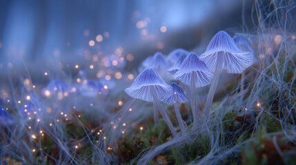Radiant mushroom caps sprout in a field of soft, tangled mycelium fibers, ambient colored lighting evokes transcendence, introspection, and the healing spirit of sacred medicine