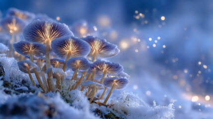 Soft-focus composition showing a circle of psilocybin mushrooms glowing like jewels, vibrant caps on a snowy mycelium mat, gentle mist suggesting dreamlike inner healing state