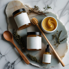 A top-down shot of natural honey and beeswax products in minimalist jars and bottles, arranged on a marble slab with dried herbs and a wooden dipper. Mockup for organic beauty or health brands