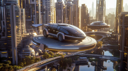 A sleek electric vehicle hovers gracefully over a magnetic roadway, surrounded by towering futuristic buildings