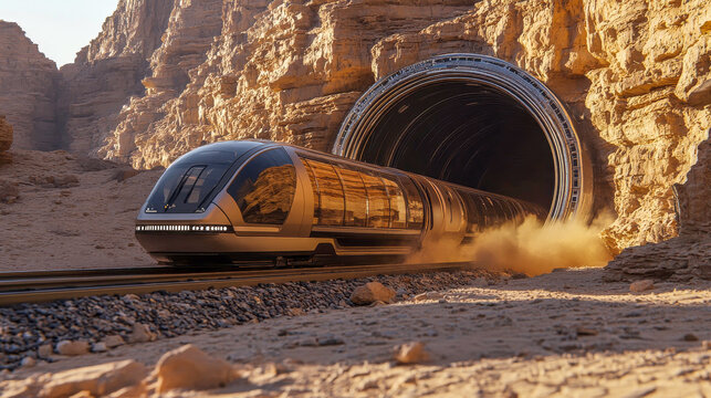 A high-speed vacuum train glides effortlessly through a transparent tunnel, surrounded by swirling dust in a stunning desert. The golden hour sunlight enhances the futuristic transport experience