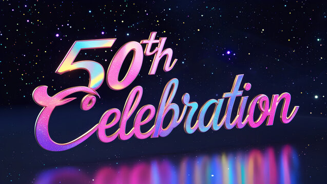 A vibrant "50th Celebration" text in glowing holographic colors against a dark, starry background, perfect for milestone anniversaries and event invitations.