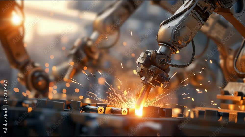 Poster robotic welder in industrial setting with sparks flying from fusing metals and machinery