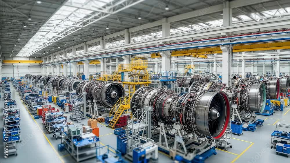 Poster wideangle view of spacious aerospace production floor with multiple engine assemblies