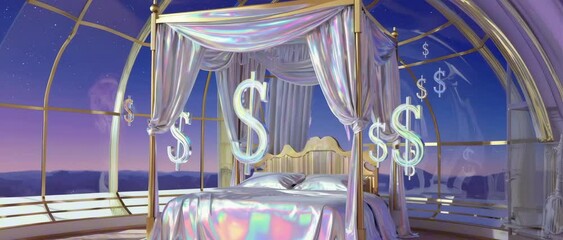 2:35:1 A slow pan over a silk-covered bed with dollar signs ($) rising like mist, moonlight shining through gold-framed windows, ambient wealth fantasy, perfect NFT opulence loop