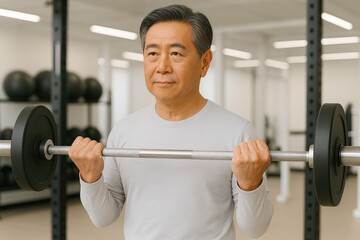 Confident senior man lifting weights in gym. Strong and healthy lifestyle, fitness in old age, dark modern background. Concentrated expression, casual sportswear. Banner format for health concept