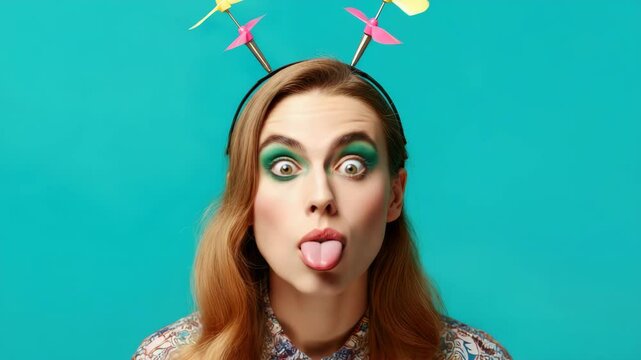 Young Caucasian woman with toy propellers headband making silly face, vibrant background