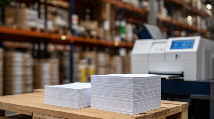 Stacks of crisp white paper neatly arranged on a wooden desk beside a large industrial copy machine, background reveals tall shelves filled with document boxes and reams of paper r