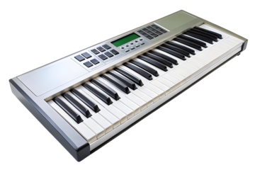 Modern electronic keyboard with black and white keys and control panel isolated on transparent background
