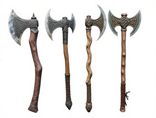 Ancient Battle Axes: A striking collection of finely crafted, ancient battle axes, each bearing unique design and intricate detailing, stands as a testament to craftsmanship and a time gone by.