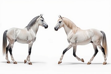 Elegant Equestrian Duo: Two regal horses, their coats gleaming, strike a poised stance in a display of grace, power, and the timeless beauty of equine elegance. 
