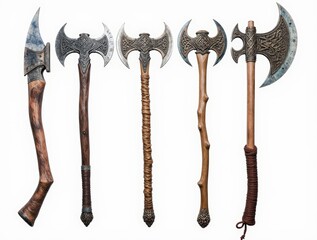 Axes in Array: A striking array of vintage axes, each a unique testament to craftsmanship and historical utility, poised against a clean backdrop.