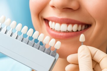 Close-up of woman smiling during dental veneer shade selection. Dentist hand with glove holding tooth sample. Bright teeth, perfect smile, cosmetic dentistry concept. Health care. Copy space. Banner