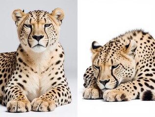 Cheetah Portraits: Two majestic cheetahs captured in stunning detail, showcasing their unique spotted coat, focused gaze and relaxed posture.