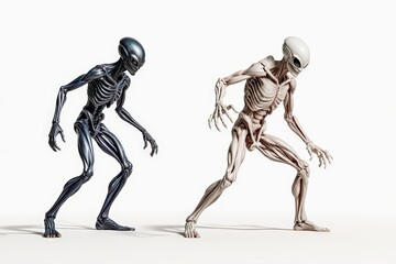 Extraterrestrial Encounter: A captivating depiction of two extraterrestrial figures, showcasing their unique forms and enigmatic presence, beckoning viewers into a world beyond our own.