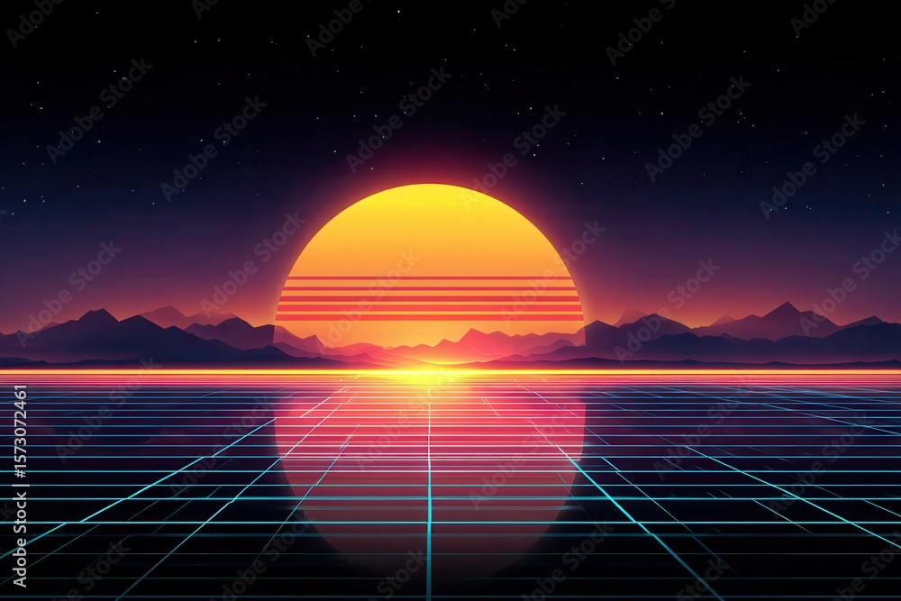 Poster a retro neon grid horizon with a sunrise vapor effect, featuring a repetitive pattern of synth synth
