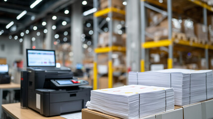 Brightly lit warehouse office scene with high shelves of stacked documents in the background, foreground focused on fresh white paper beside a sleek, black copier