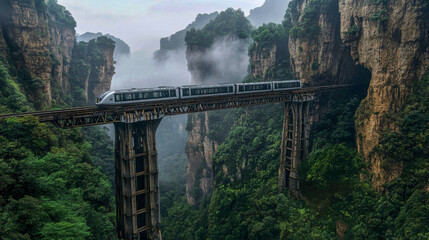 A monorail gracefully moves through a fog-laden mountain pass, supported by futuristic beams barely visible in the mist