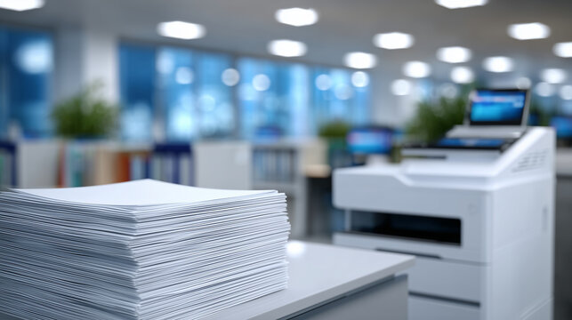 Paper management zone with sorted piles of white paper adjacent to a commercial-grade copy machine, fluorescent lights reflect off clean surfaces, file rows in soft focus behind