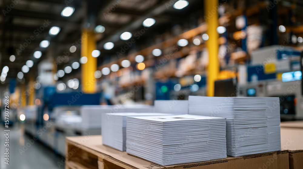 Aufkleber desk area in document processing center with precise paper stacks ready for printing jobs, backgroun