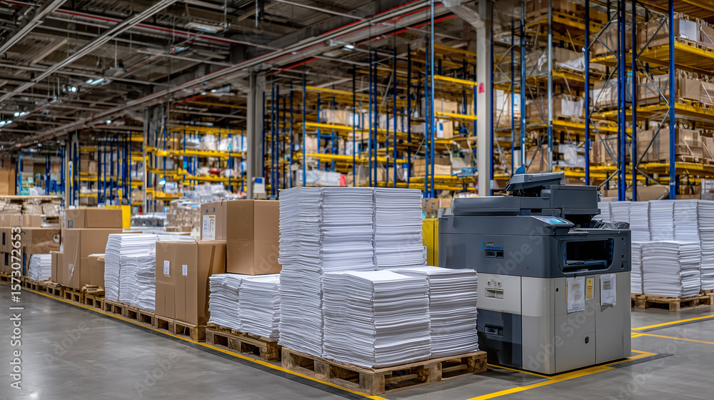 Poster neatly bundled stacks of white sheets aligned next to copier, industrial racks filled with reams, bi