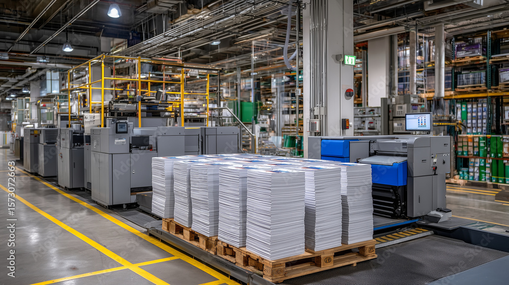 Poster neatly bundled stacks of white sheets aligned next to copier, industrial racks filled with reams, bi