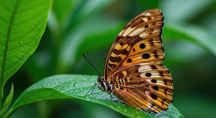 Obraz premium Butterfly rests gracefully on a leaf after a light rain shower