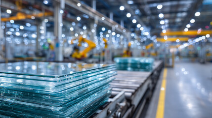 Industrial glass factory interior with neatly stacked transparent panes of varying thickness glinting under overhead lights, automated conveyor belts and robotic arms working in th