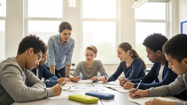 Students learn together in bright classroom collaborative education - Powered by Adobe