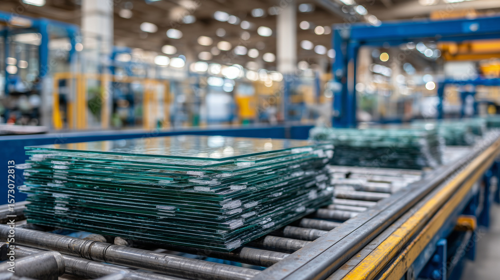 Aufkleber close-up of pristine transparent panes arranged in tall metal racks, background reveals machinery so
