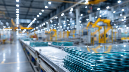 Industrial glass factory interior with neatly stacked transparent panes of varying thickness glinting under overhead lights, automated conveyor belts and robotic arms working in th