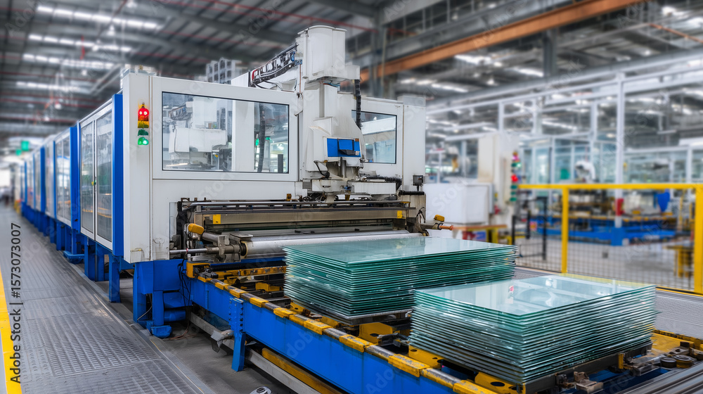 Poster sleek automated glass production line with stacks of translucent panels neatly organized, mechanical