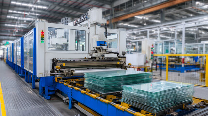 Naklejka premium Sleek automated glass production line with stacks of translucent panels neatly organized, mechanical arms and rollers guide sheets through multi-stage manufacturing process