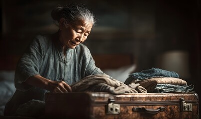 Elderly Asian woman carefully folding clothes into a suitcase