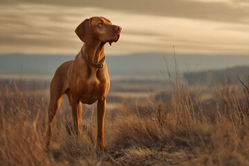 Majestic Vizsla Dog in a Golden Hour Field