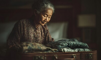 Elderly Asian woman folding traditional clothes into a suitcase