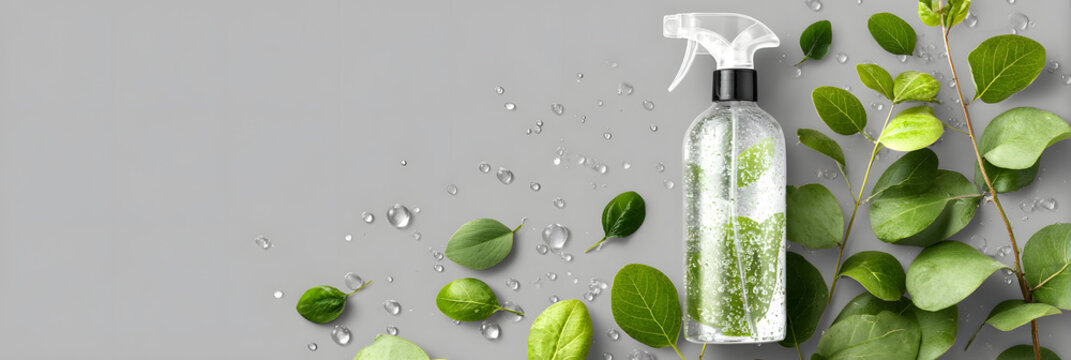 eco bio organic natural cleaning spray bottle with transparent liquid water and green leaves on gray minimalistic background, banner with copy space