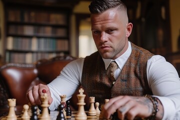 Worried mature man deeply focused on chess game. Close-up of tense thoughtful expression while analyzing board strategy indoors. Game of logic, stress, and decision-making. Cozy room with books.