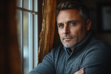 Portrait of thoughtful man looking out the window. Natural light highlights serious expression. Indoor moment of deep reflection and solitude. Moody atmosphere. Lifestyle, emotion, copy space.