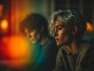 Lesbian couple sitting apart in emotional disconnect in apartment