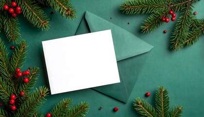 Festive Holiday Card Mockup with Evergreen Branches and Red Berries on Green Background