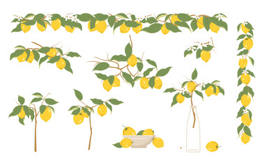 Lemon Branches and Citrus Elements Vector Set. Fresh lemon branches, leaves, and citrus decor elements in a clean vector set. Perfect for kitchen prints, packaging, cards, and summer-themed projects.