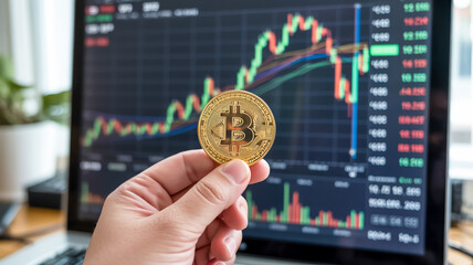 A close-up photograph of a hand holding a physical Bitcoin cryptocurrency coin in front of a digital cryptocurrency trading interface