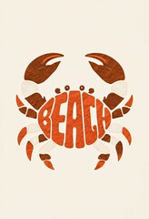 "BEACH" Word Art Crab - Retro Coastal Style Typography Illustration